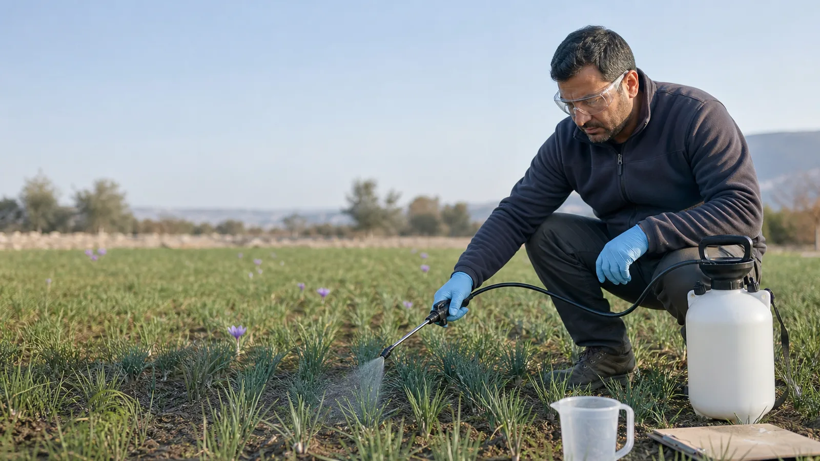 Protected grower applying a controlled foliar spray to green saffron leaves