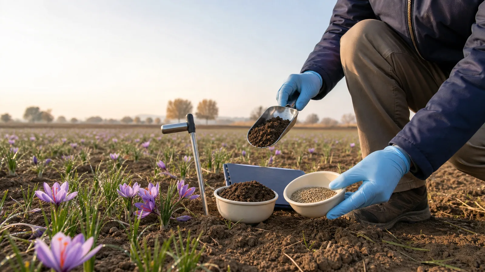 Agronomist comparing field soil, mature compost and granular fertilizer beside saffron flowers