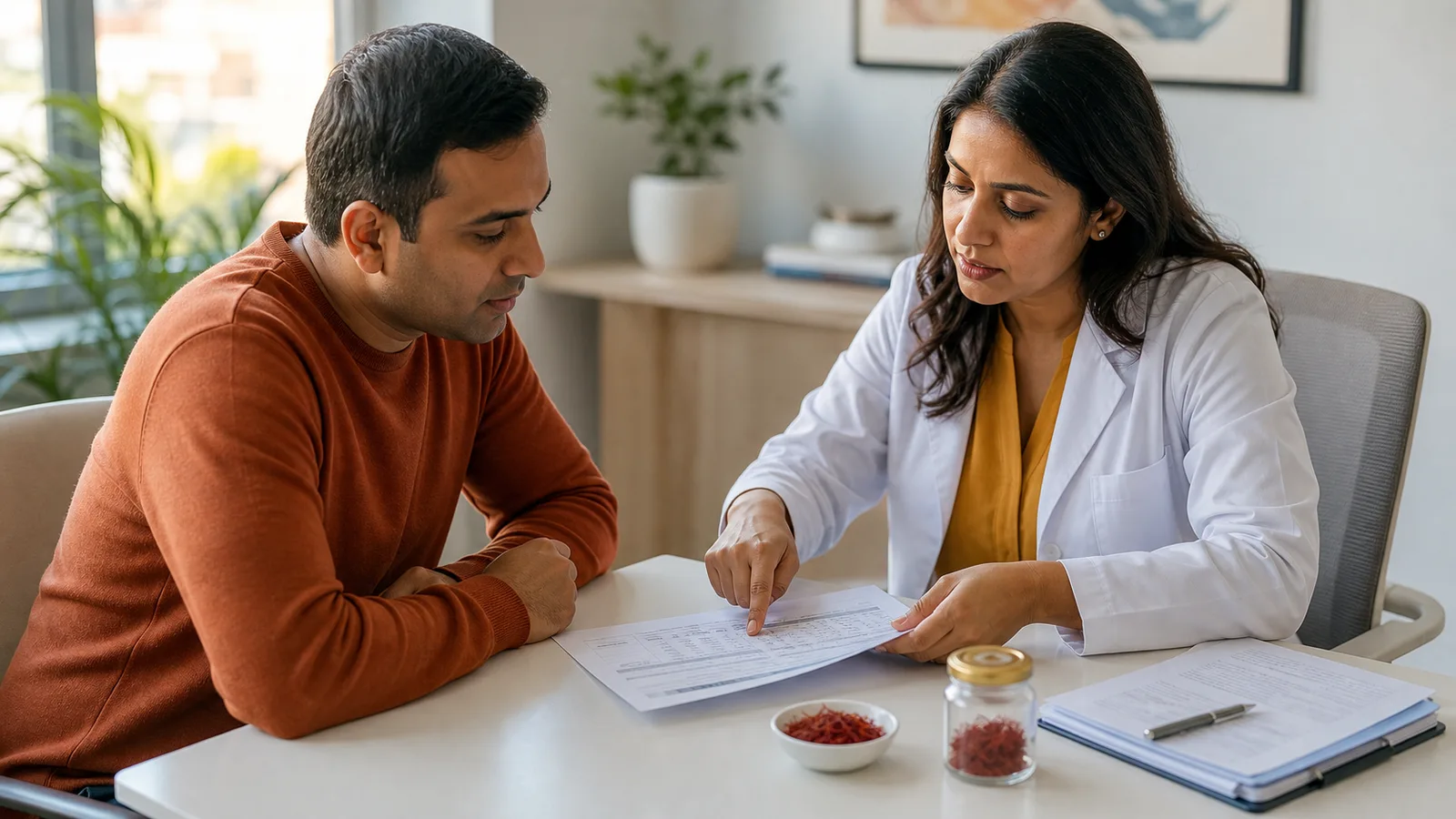Clinician reviewing liver test results with a patient beside culinary saffron