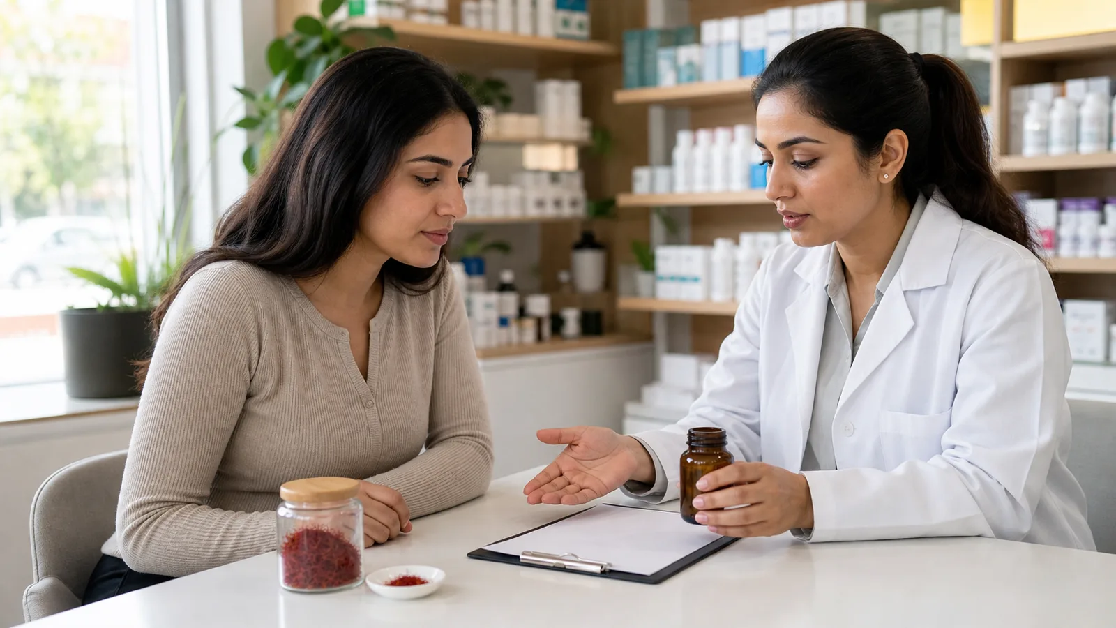 Pharmacist discussing saffron side effects and supplement safety with a customer