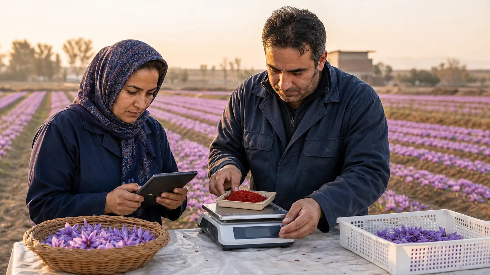 Saffron growers weighing dried threads and recording yield in a flowering field