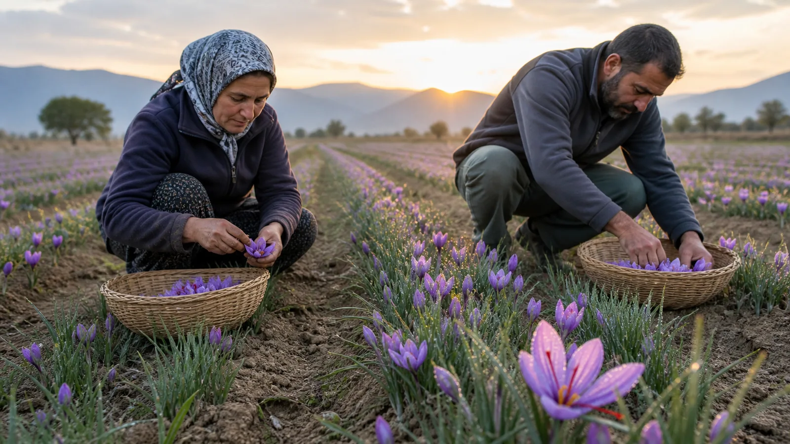 Growers hand-picking saffron flowers at sunrise during the autumn blooming season