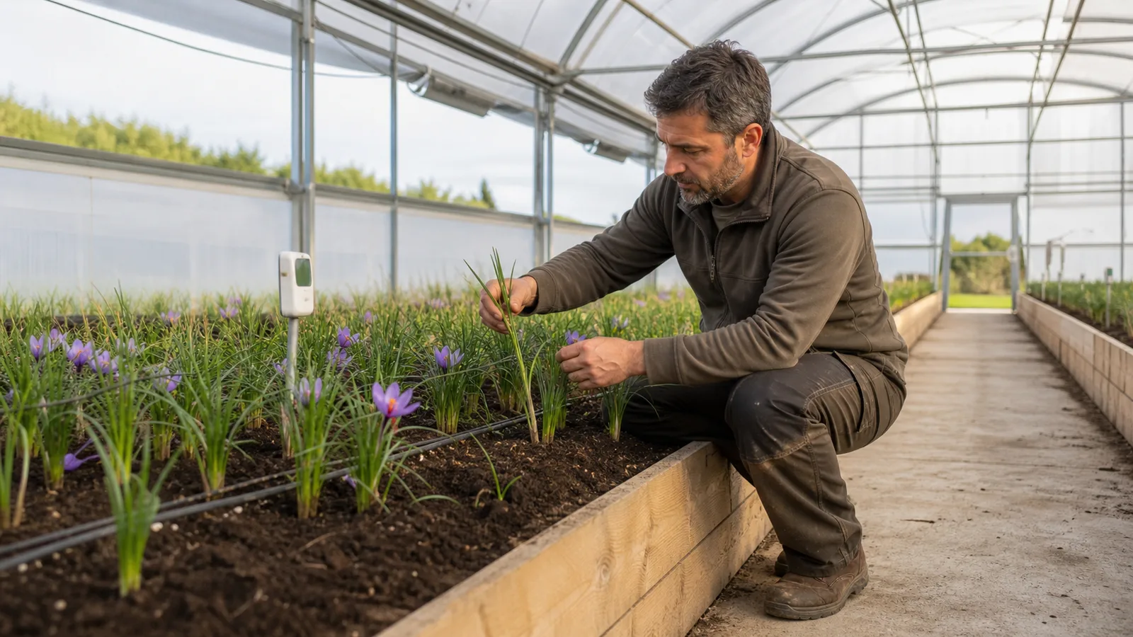 Grower inspecting flowering saffron in raised greenhouse beds