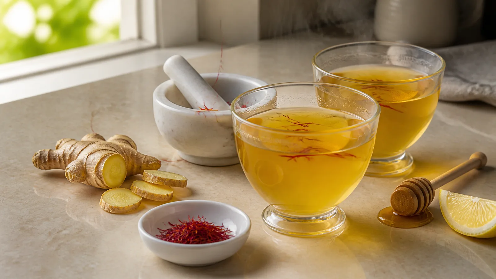 Two cups of saffron and fresh ginger tea with visible saffron threads