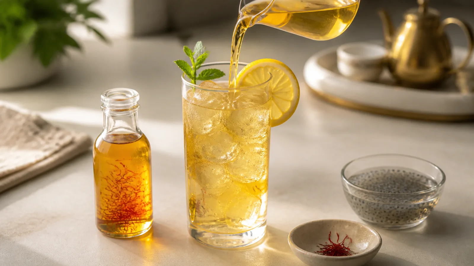 Golden saffron syrup being poured into a cold rosewater drink