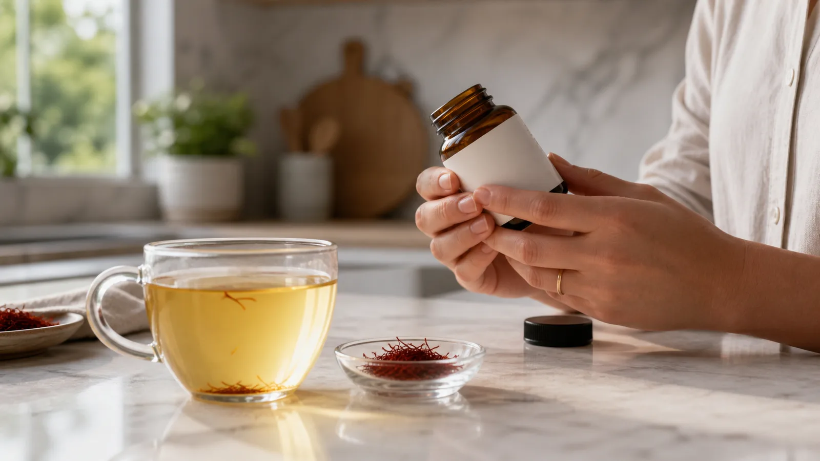 Measured saffron threads beside tea and an unlabelled supplement bottle