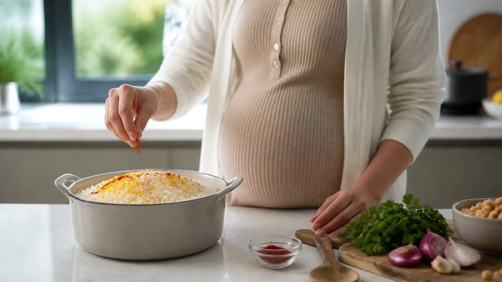 Pregnant adult adding a small pinch of saffron to rice