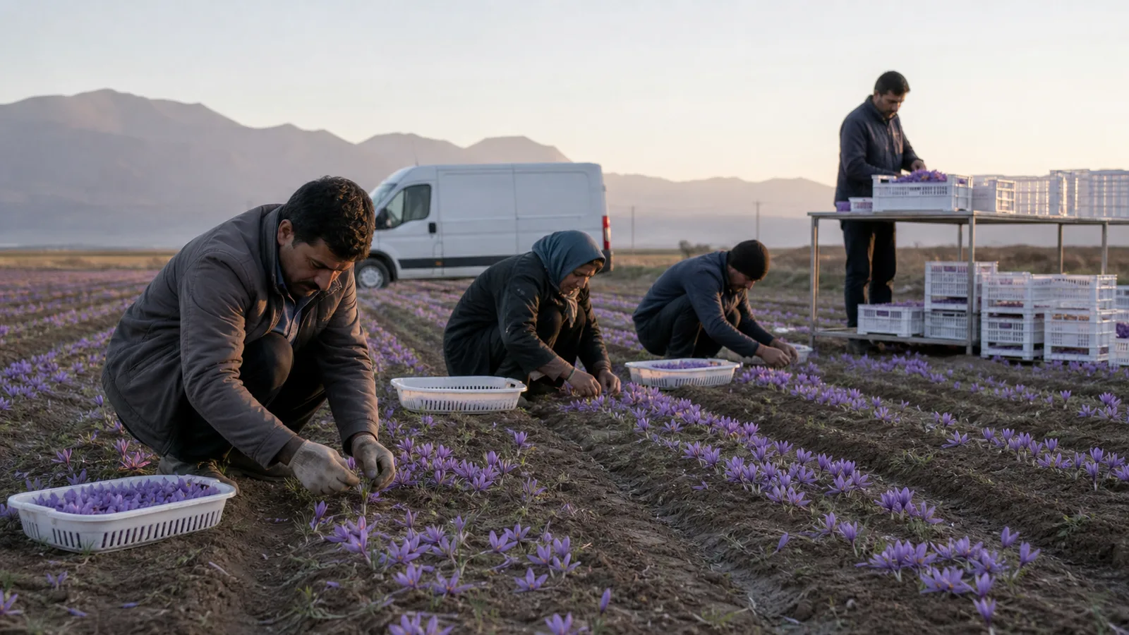 Workers harvesting saffron flowers in a Khorasan field at dawn