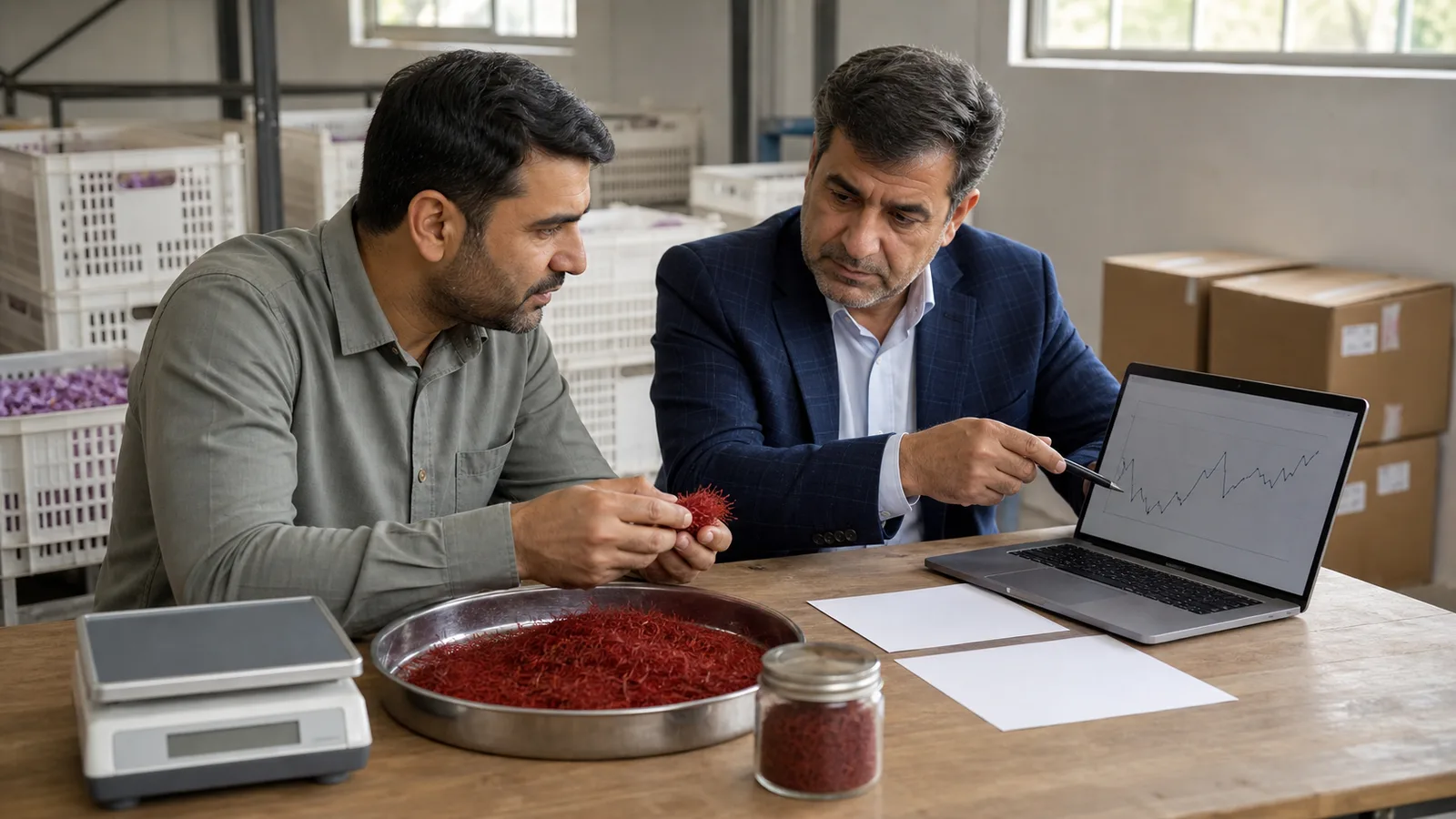 Saffron grower and adviser reviewing a price chart beside graded threads