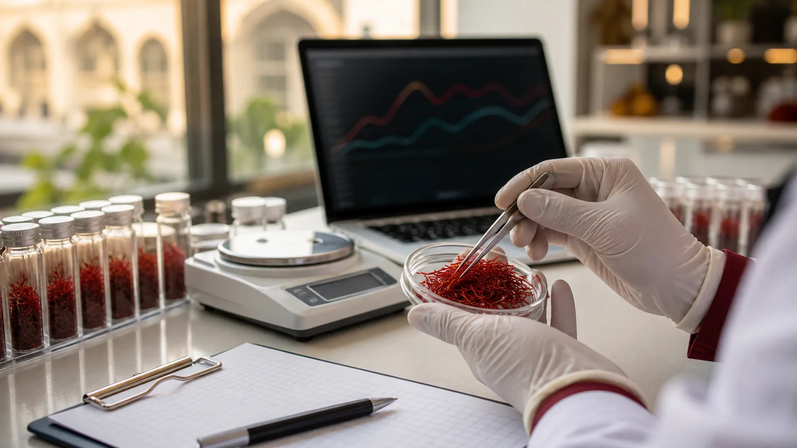 Saffron threads inspected beside a laboratory scale and market chart
