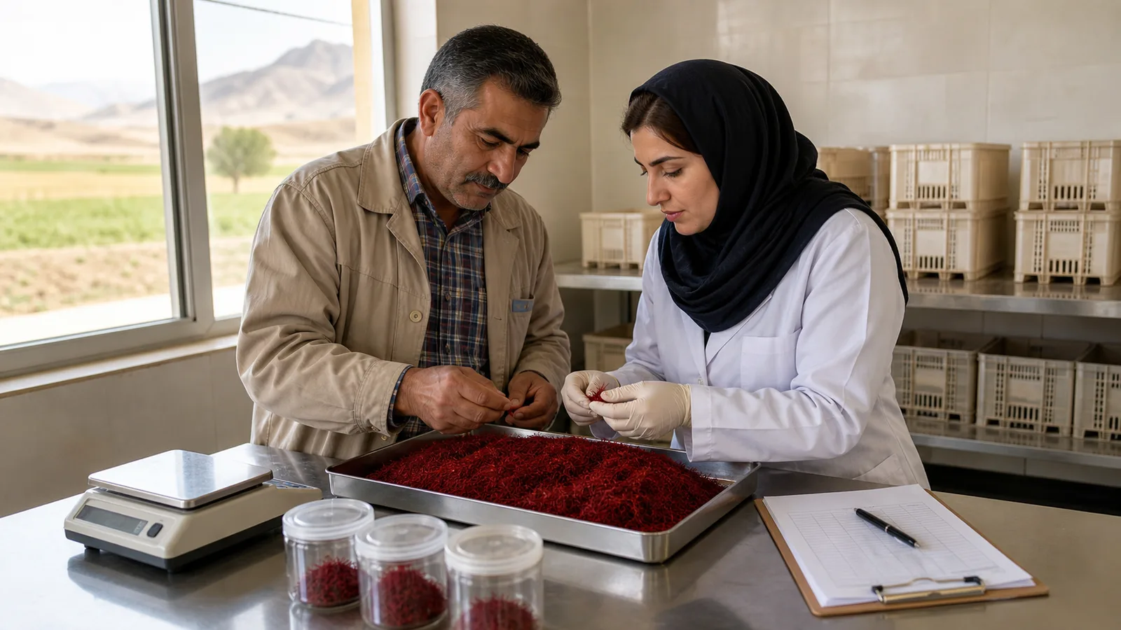 Saffron farmer and technician inspect threads at a cooperative grading table