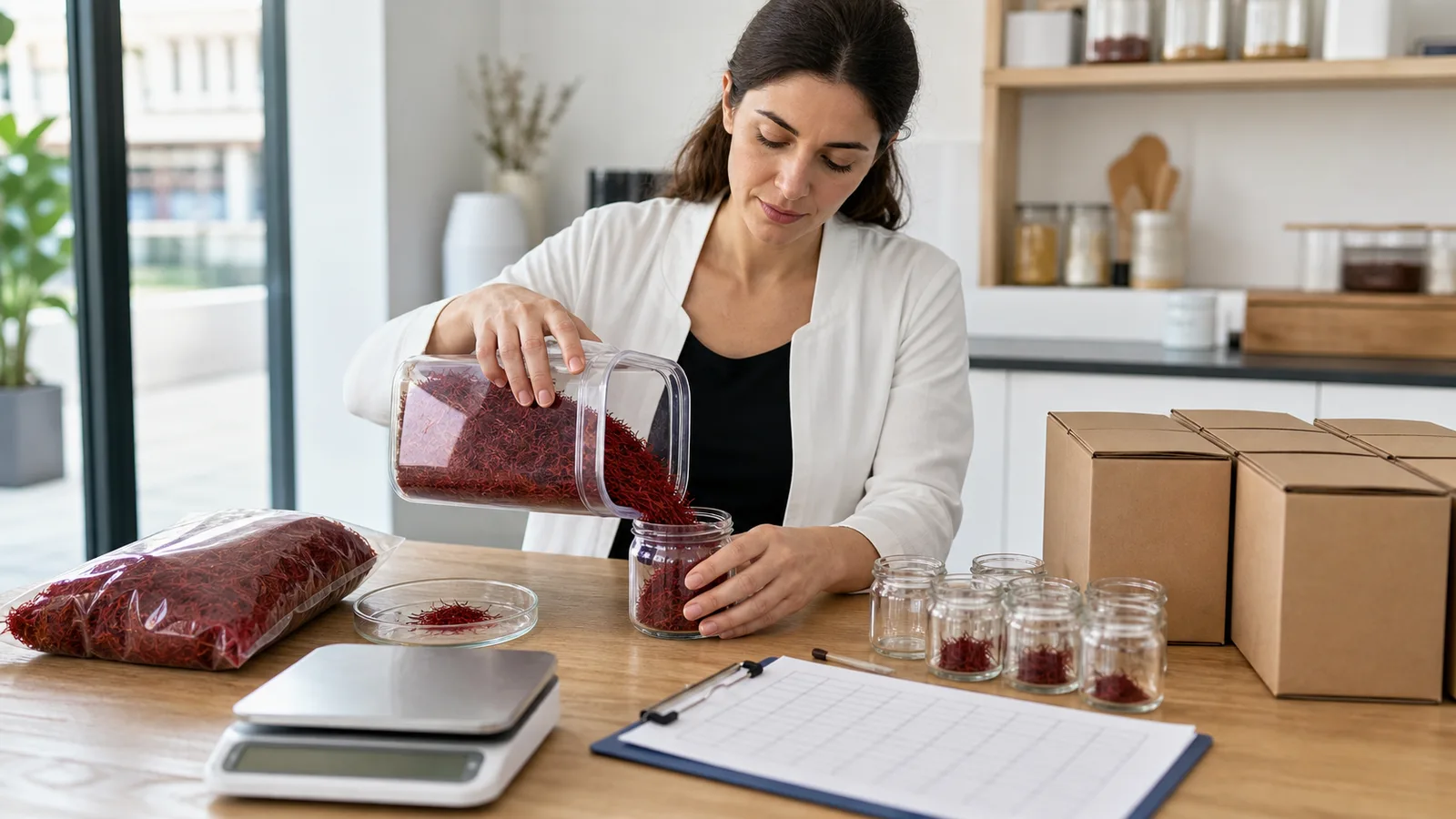 Saffron packed into glass jars with a scale and traceability sheet