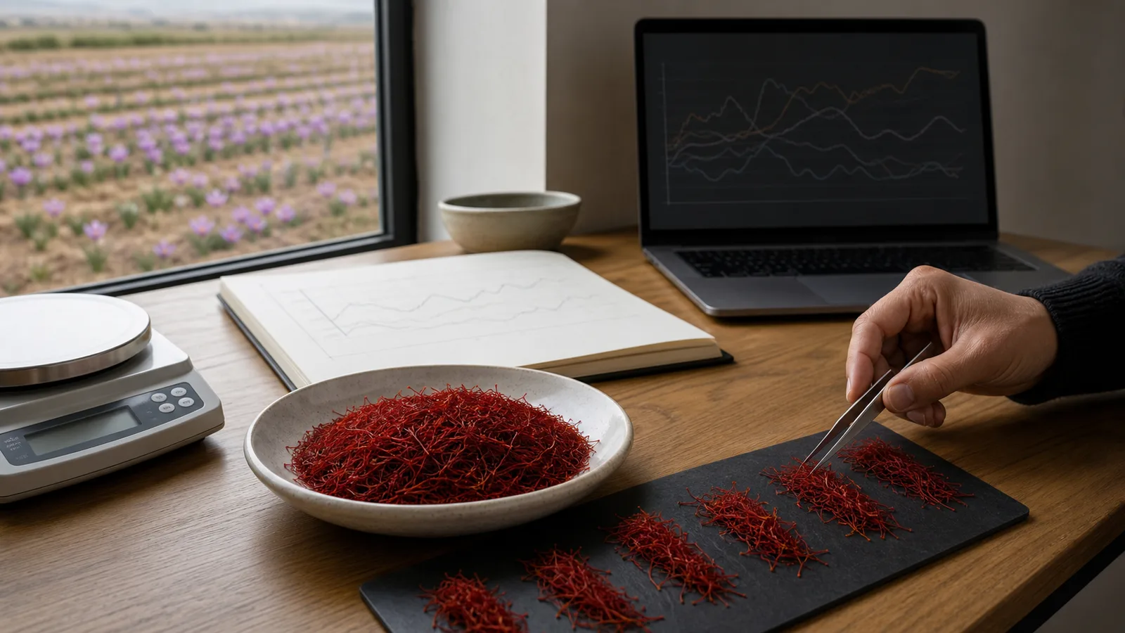 Saffron samples, scale and market charts beside a flowering field
