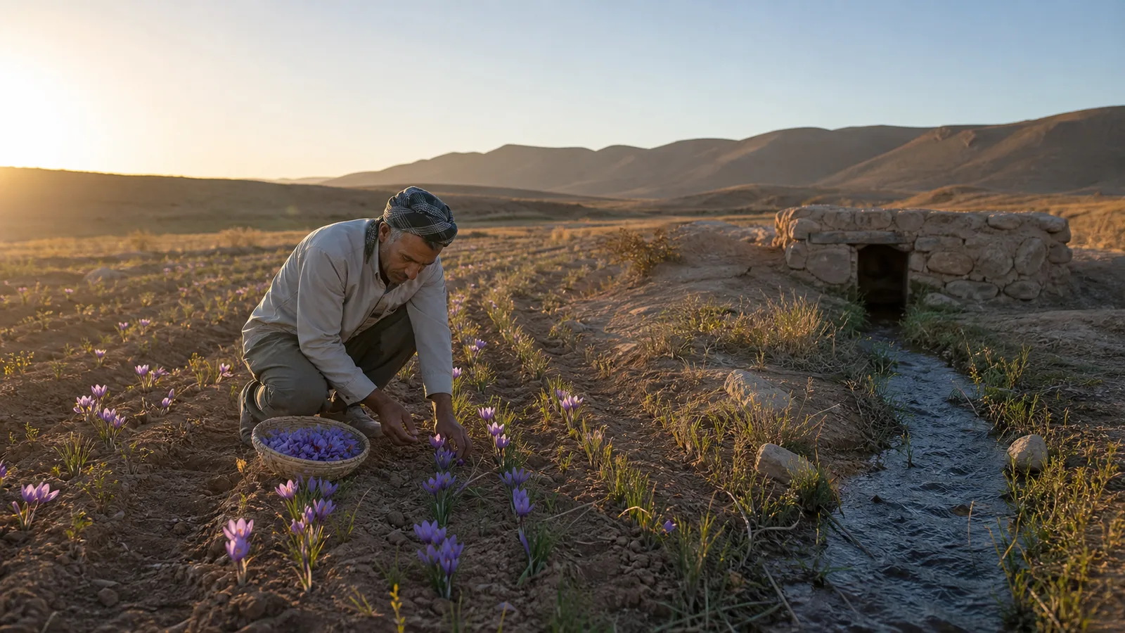 Farmer harvesting saffron beside a qanat irrigation channel in Gonabad