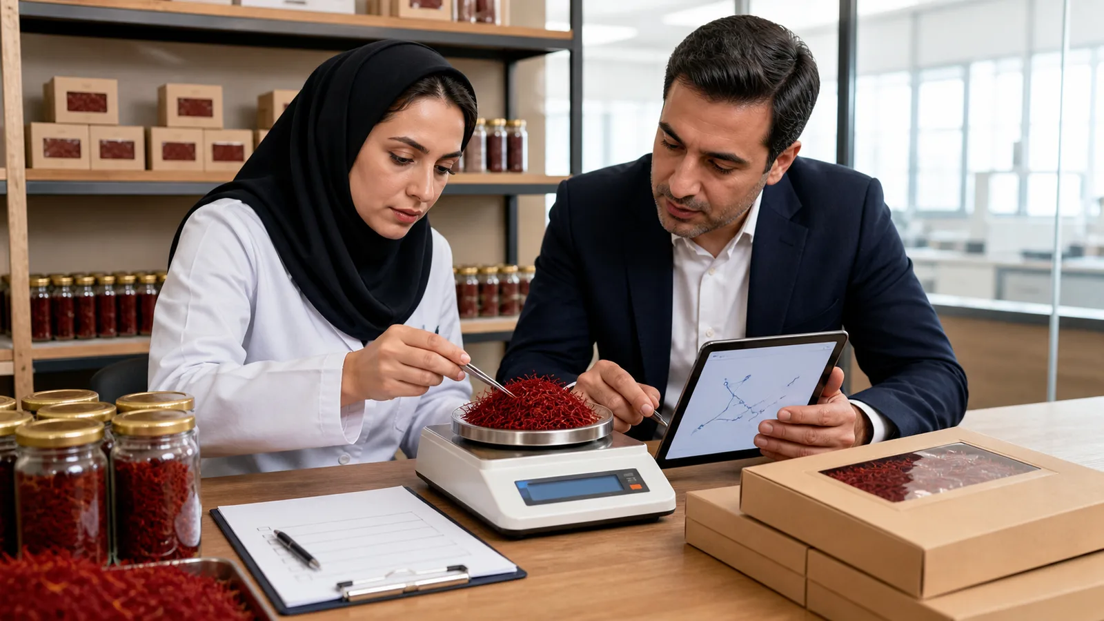 Saffron export specialist and technician review a graded shipment