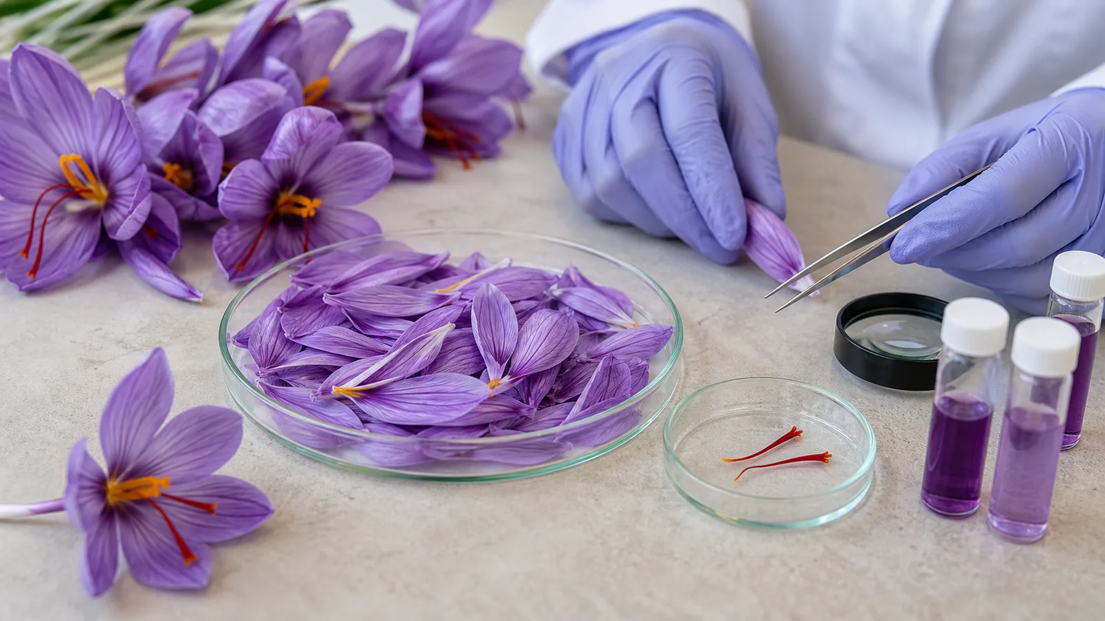 Purple saffron petals separated from red stigmas in a research workspace