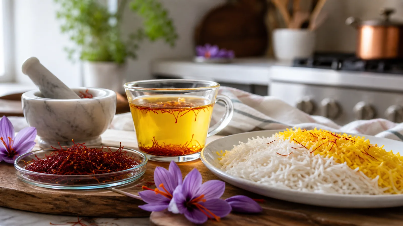 Iranian saffron threads, saffron tea and rice in a modern kitchen
