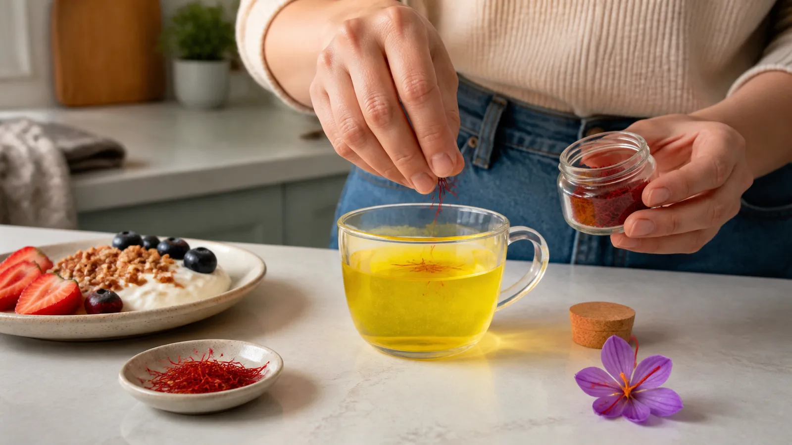 Person blooms red saffron threads in warm water beside a healthy breakfast