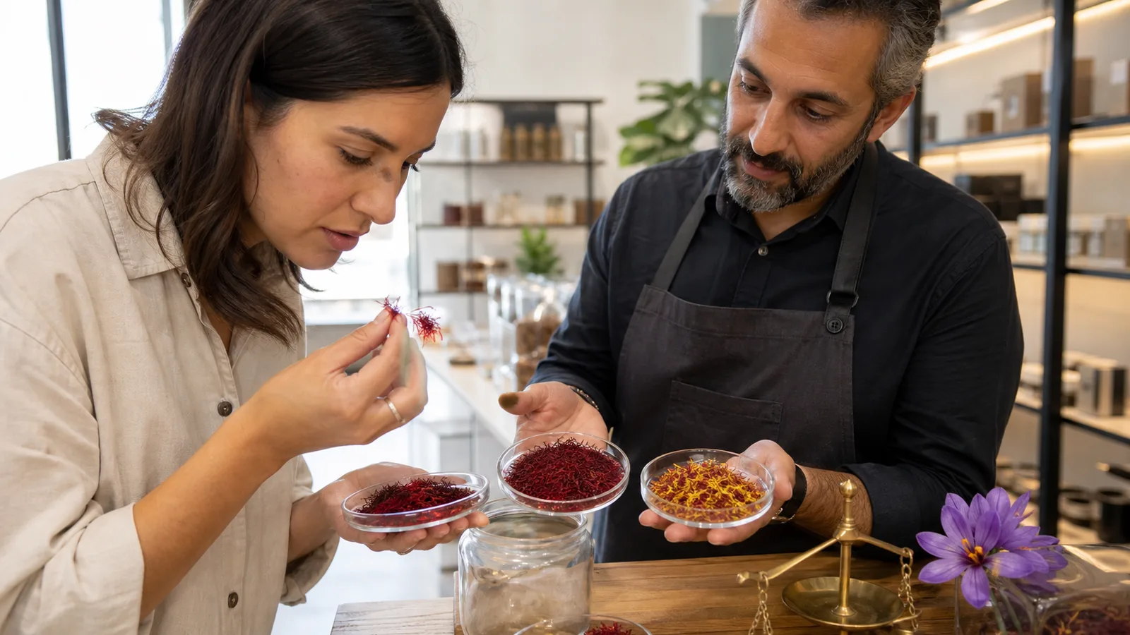 Customer compares whole red saffron threads and saffron with yellow styles in a spice shop