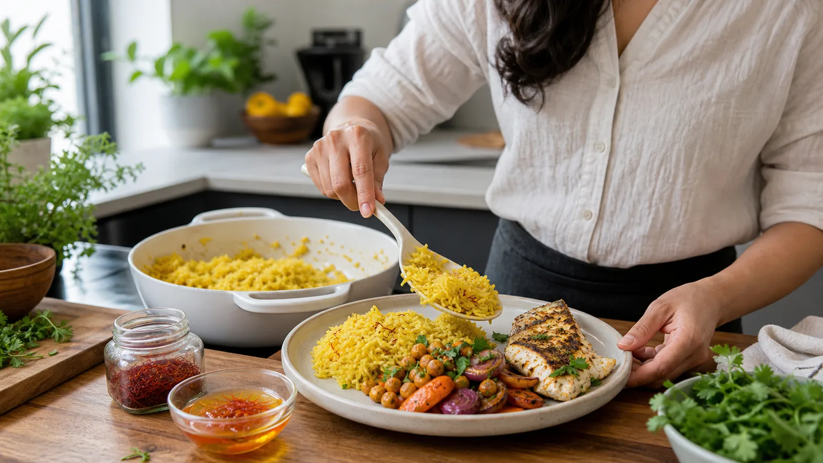 Cook serves golden saffron rice with vegetables chickpeas and grilled fish