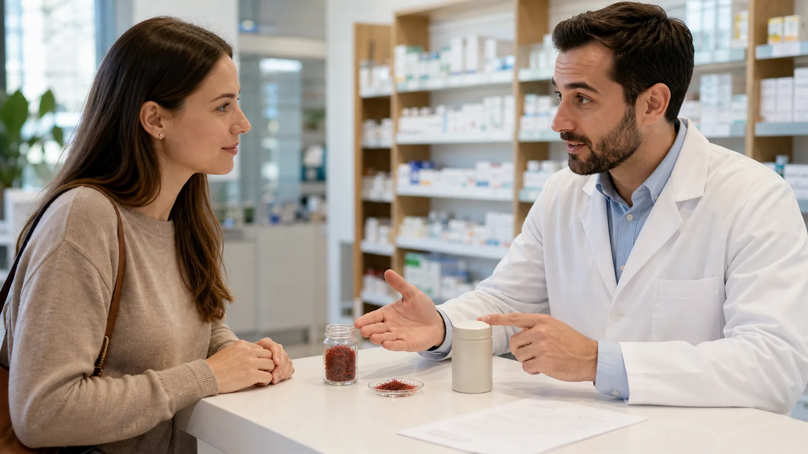 Pharmacist discusses culinary saffron and a concentrated product with a customer