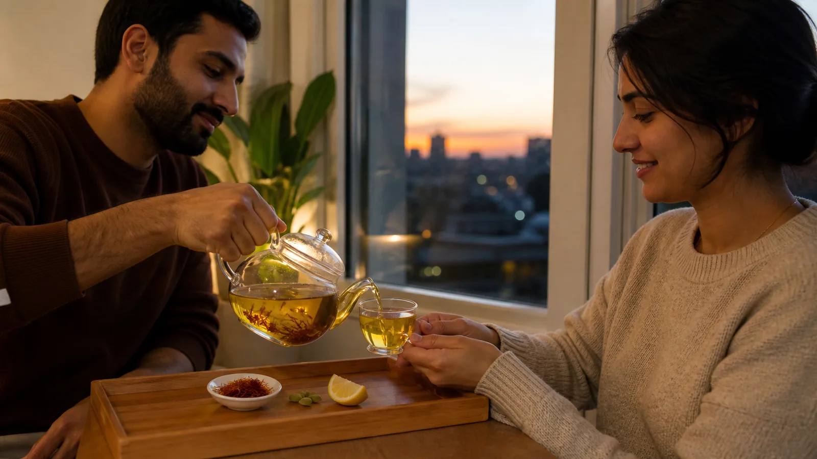 Two adults share golden saffron tea brewed with red saffron threads