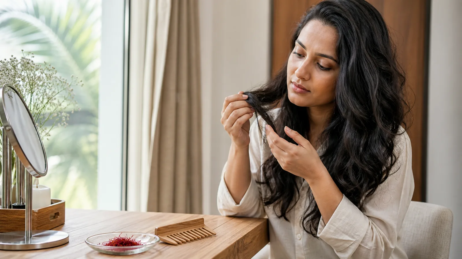 Woman examines her hair beside a dish of red saffron threads