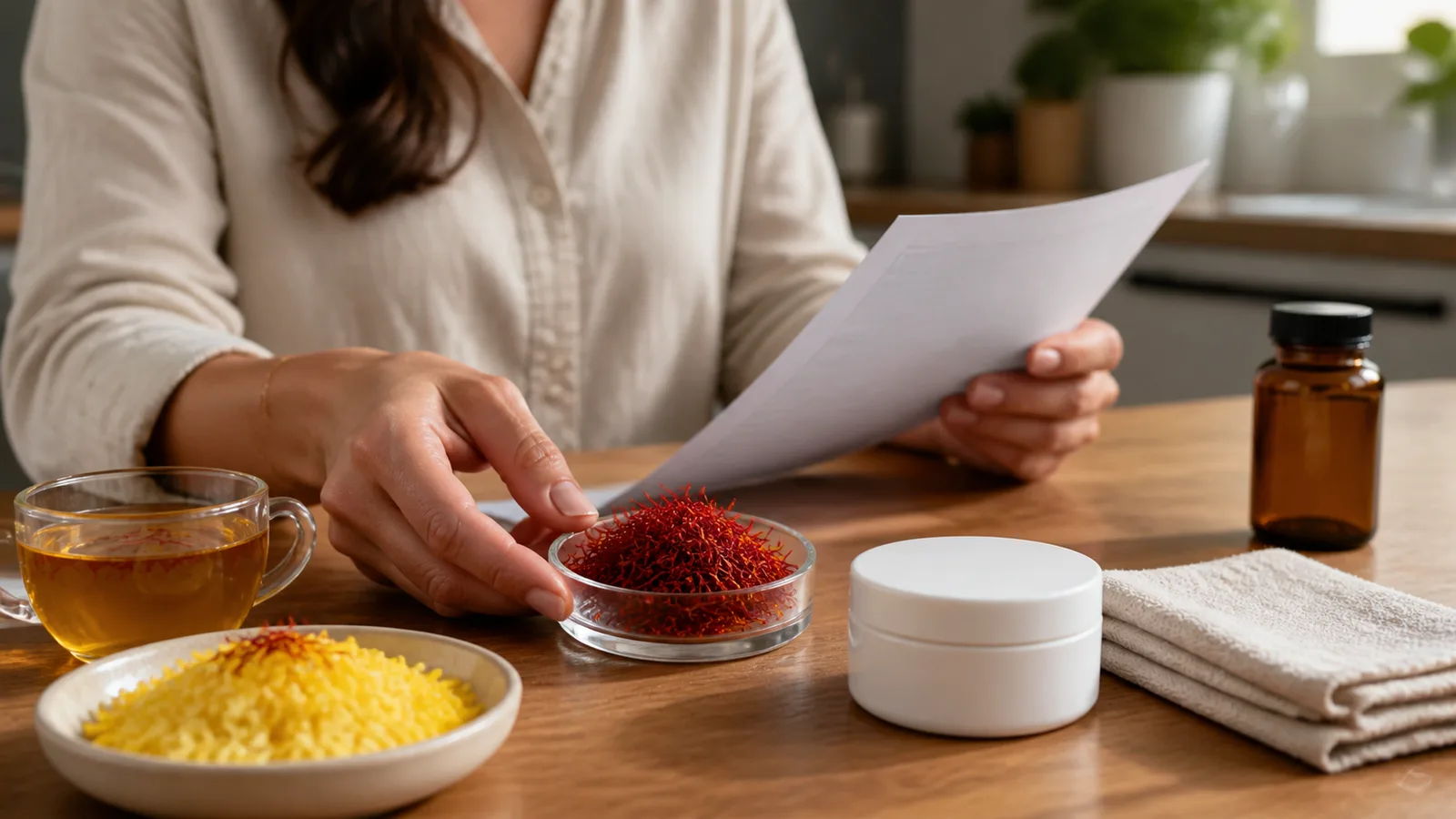 Woman compares red saffron threads with tea, rice, cosmetic jar and supplement bottle