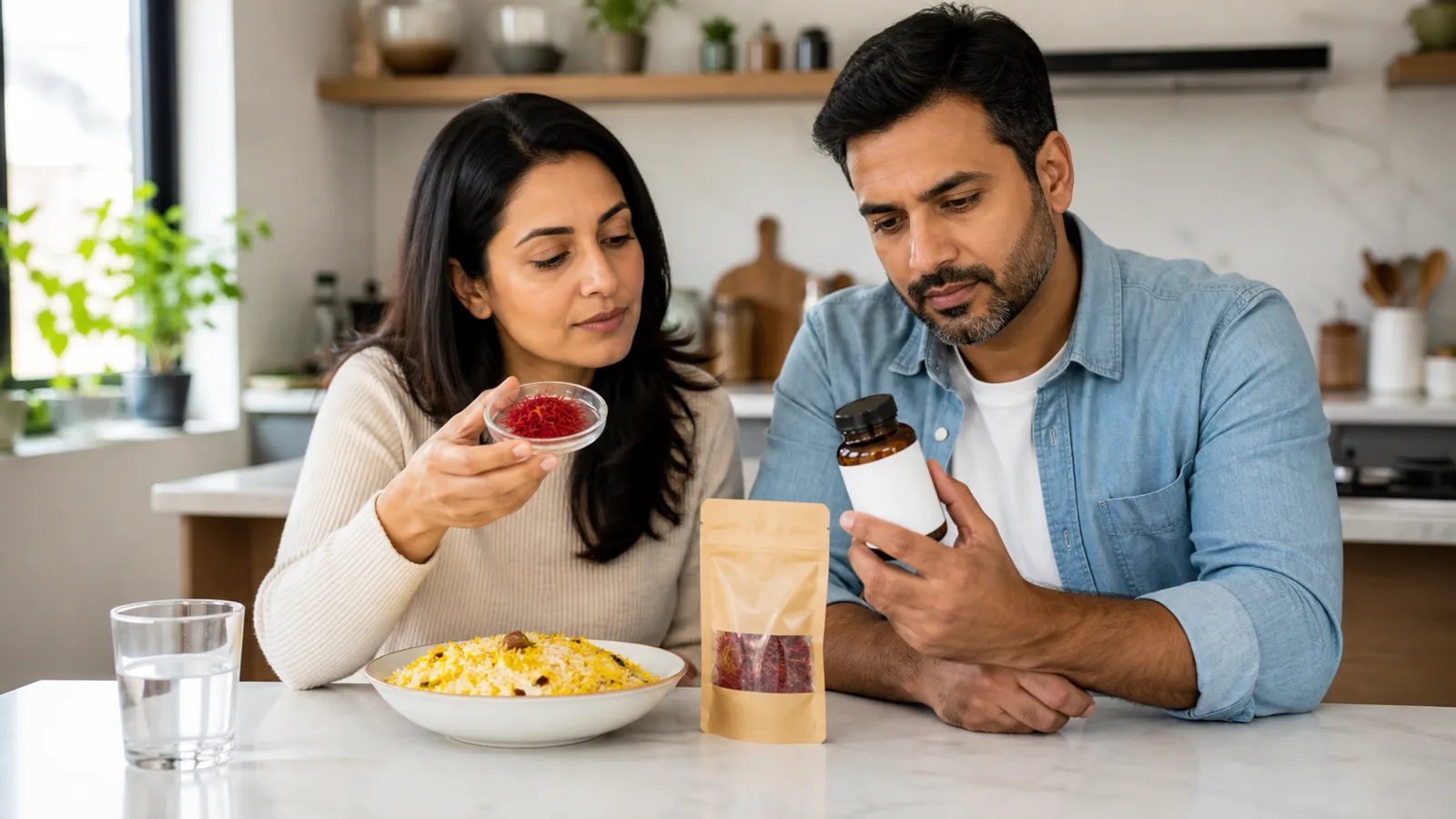 Couple compares red saffron threads with a sealed supplement bottle in a modern kitchen