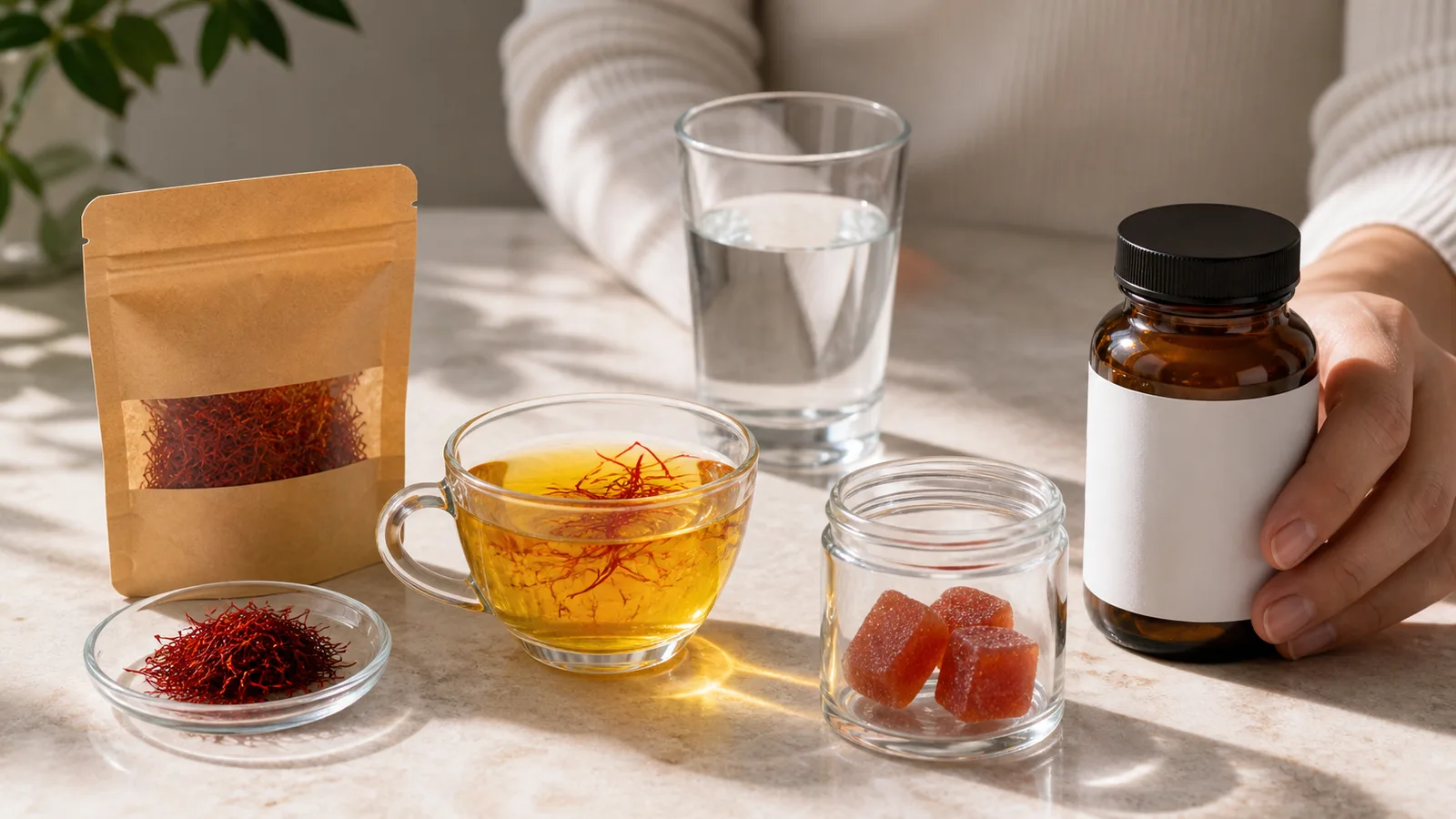 Saffron threads, tea, gummies and supplement bottle arranged separately on a table