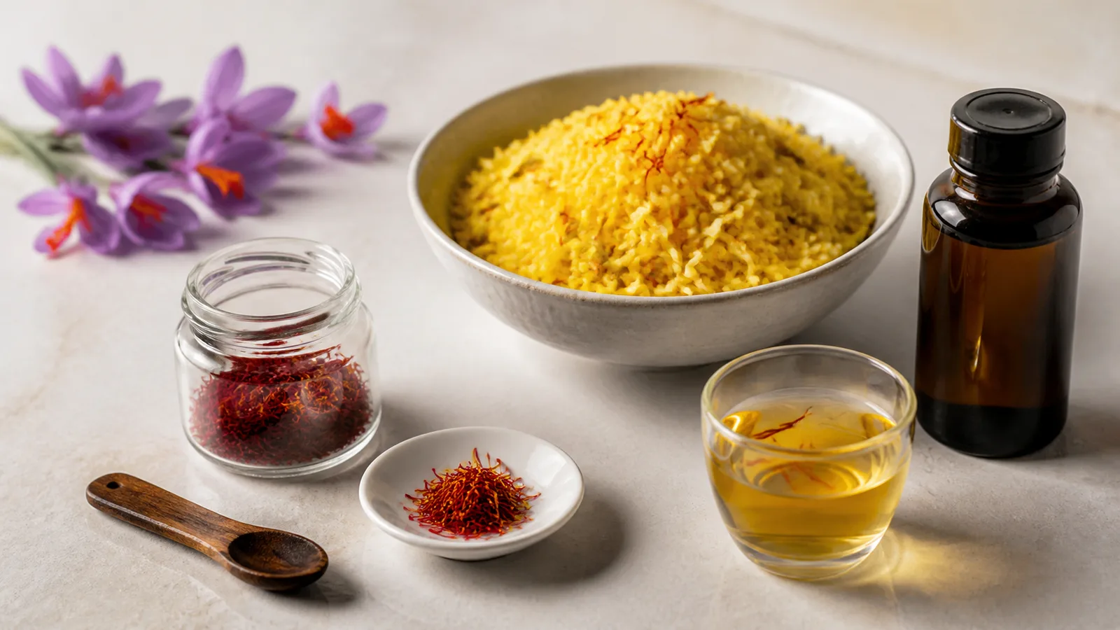 Saffron threads beside a prepared dish, tea and a closed supplement bottle