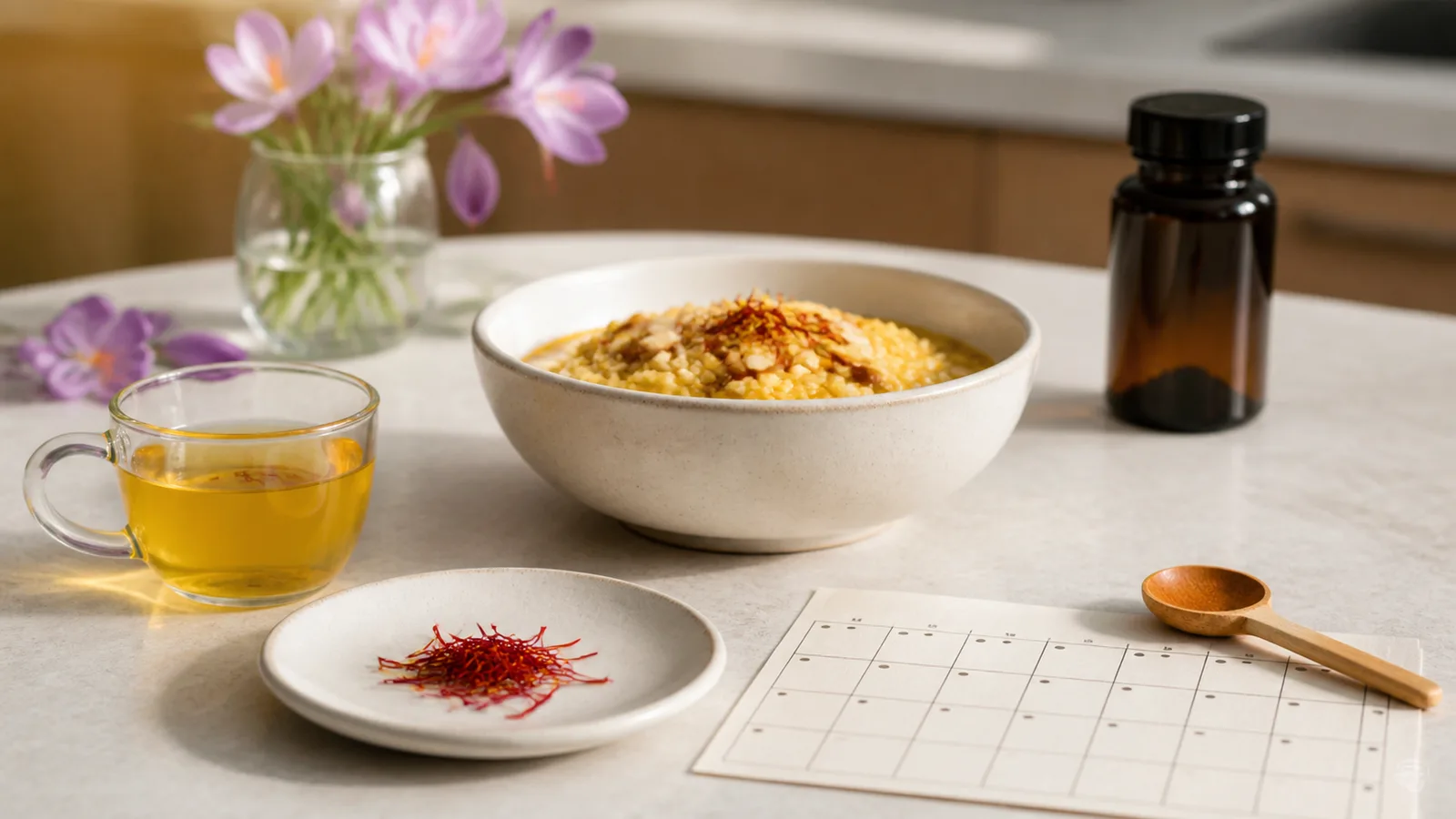 Measured saffron threads beside a daily meal, tea and a closed supplement bottle