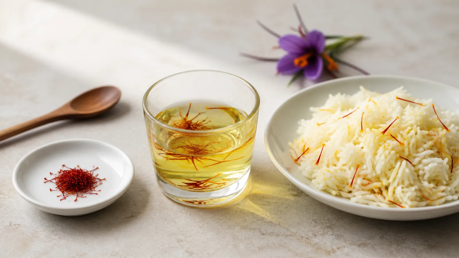 Whole saffron threads shown dry and blooming in warm water beside a finished dish