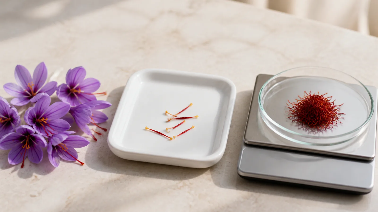 Saffron crocus flowers beside separated red stigmas and one gram of dried saffron