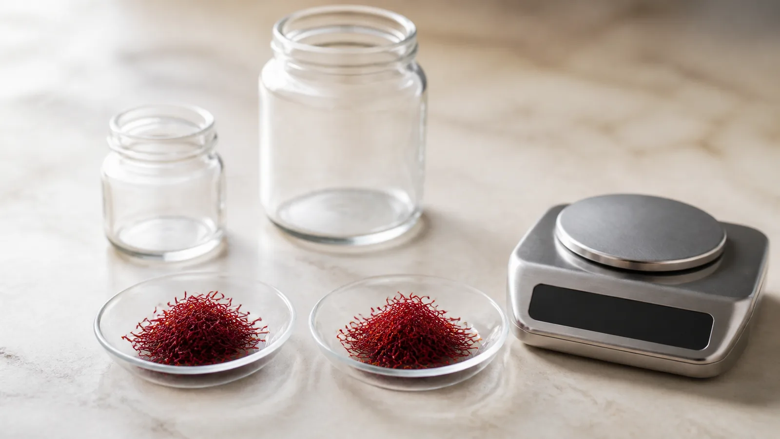 Two small one-gram portions of saffron beside a blank scale and plain glass jars