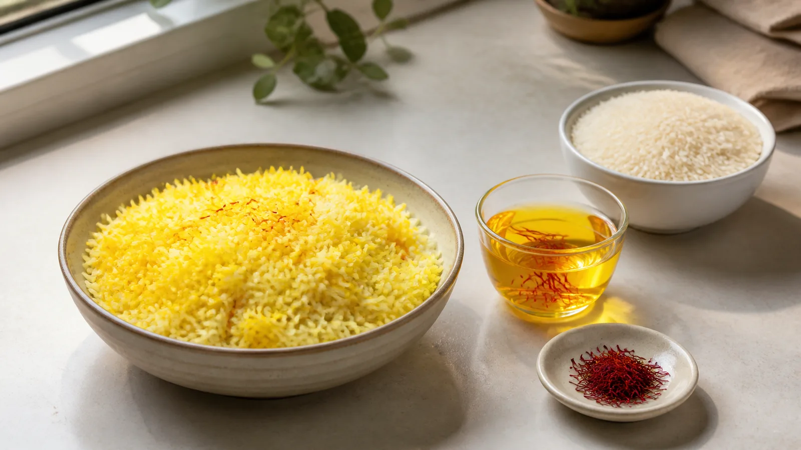 Warm saffron water beside uncooked rice and a finished bowl of saffron rice