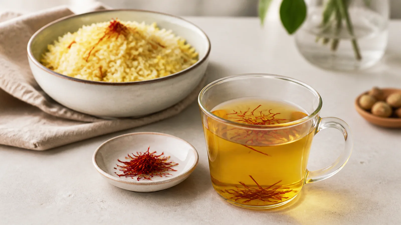 Small culinary pinch of saffron beside warm saffron water and a rice dish