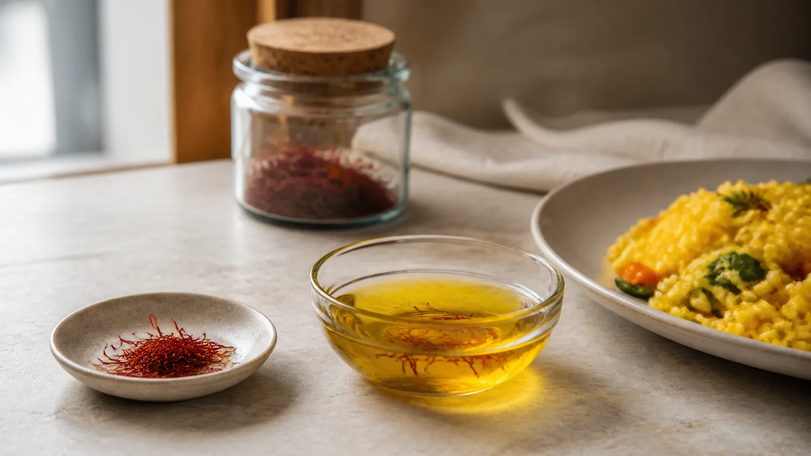 Modest pinch of saffron beside an infusion and a simple rice meal