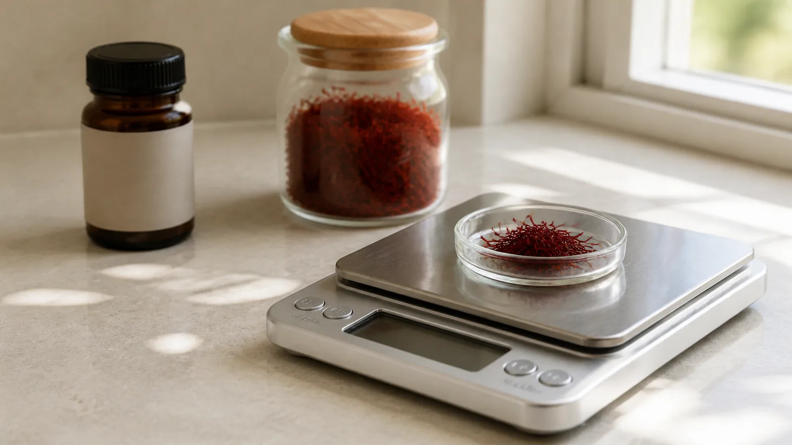 Saffron threads on a blank scale beside plain closed containers