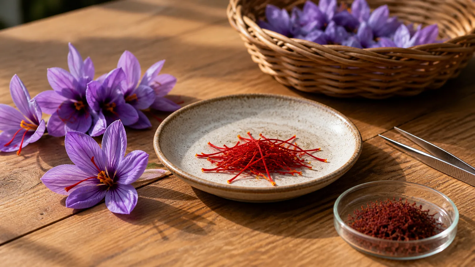 Fresh saffron flowers with separated stigmas and dried saffron threads