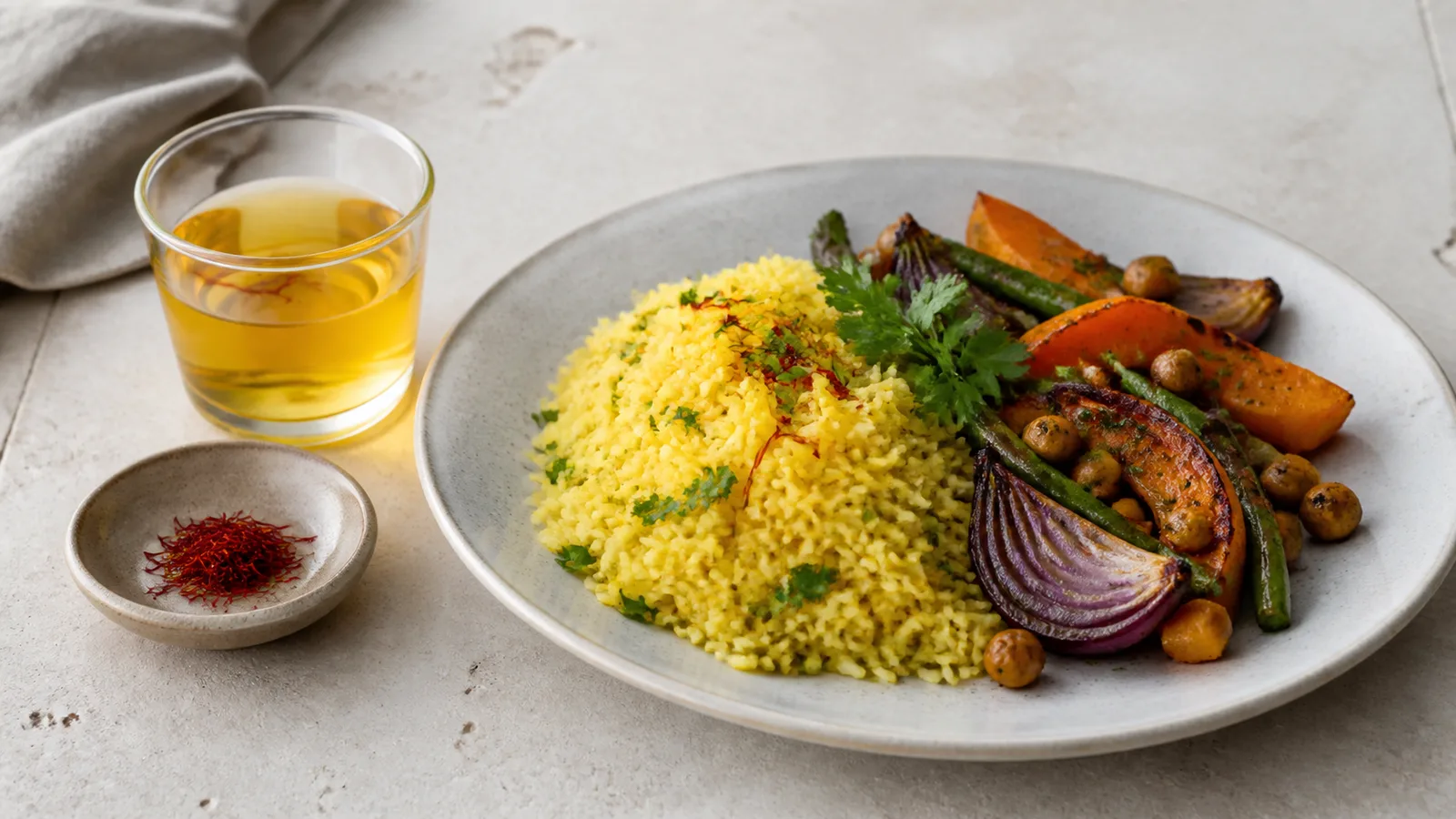 Saffron threads and infusion beside rice and roasted vegetables