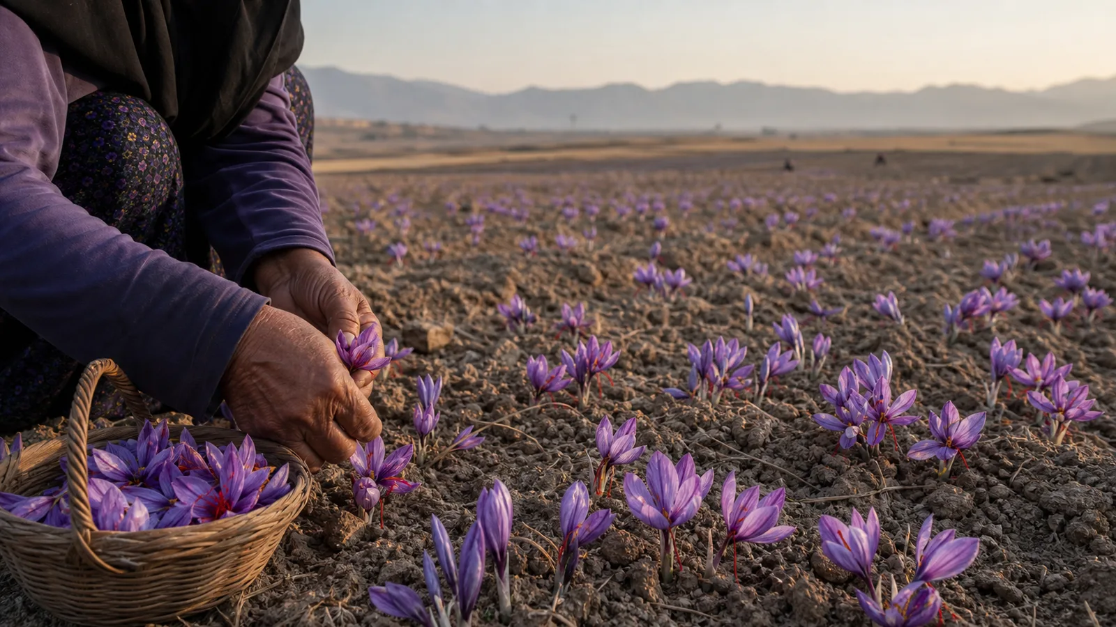 Saffron crocus flowers being harvested in a dry Khorasan field
