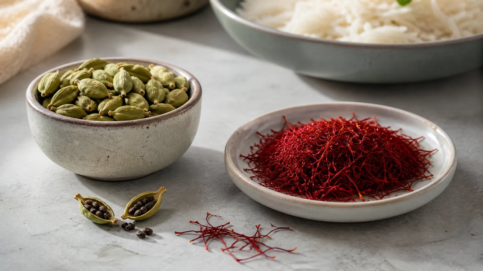 Green cardamom pods beside red saffron threads on a kitchen worktop