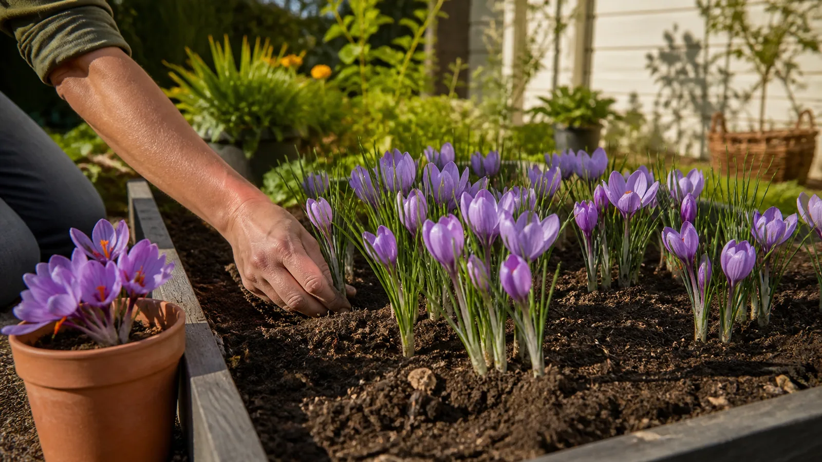Purple saffron crocuses growing in a sunny raised garden bed