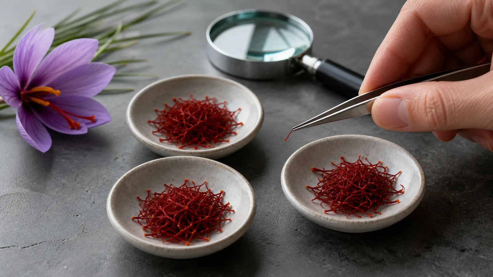 Deep red saffron threads being compared in small ceramic dishes