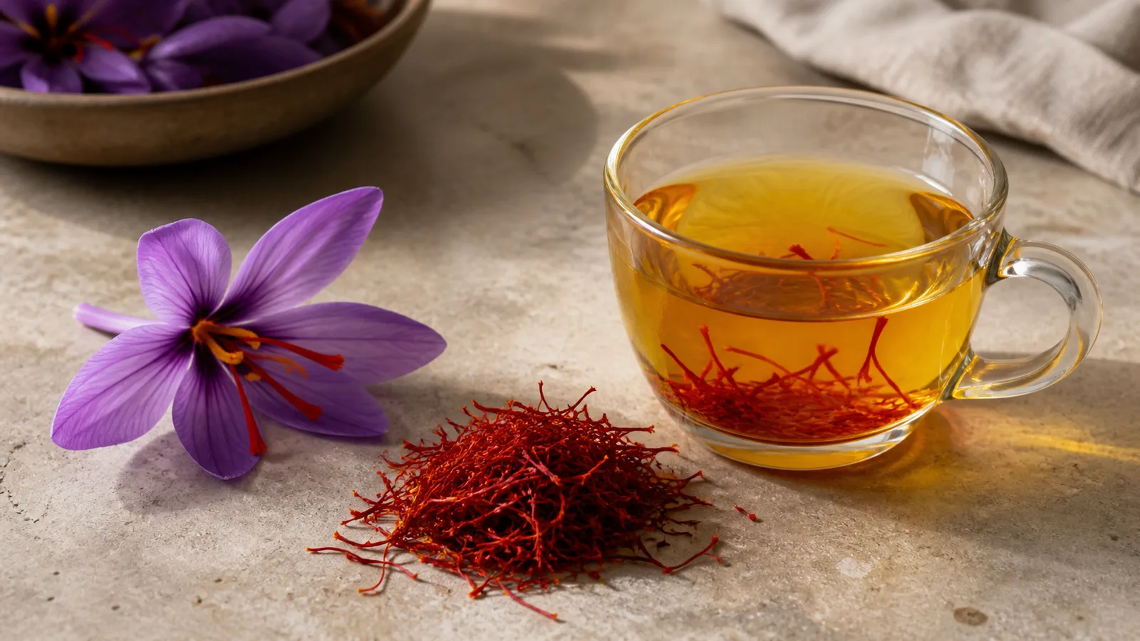 Red saffron threads blooming beside a purple Crocus sativus flower