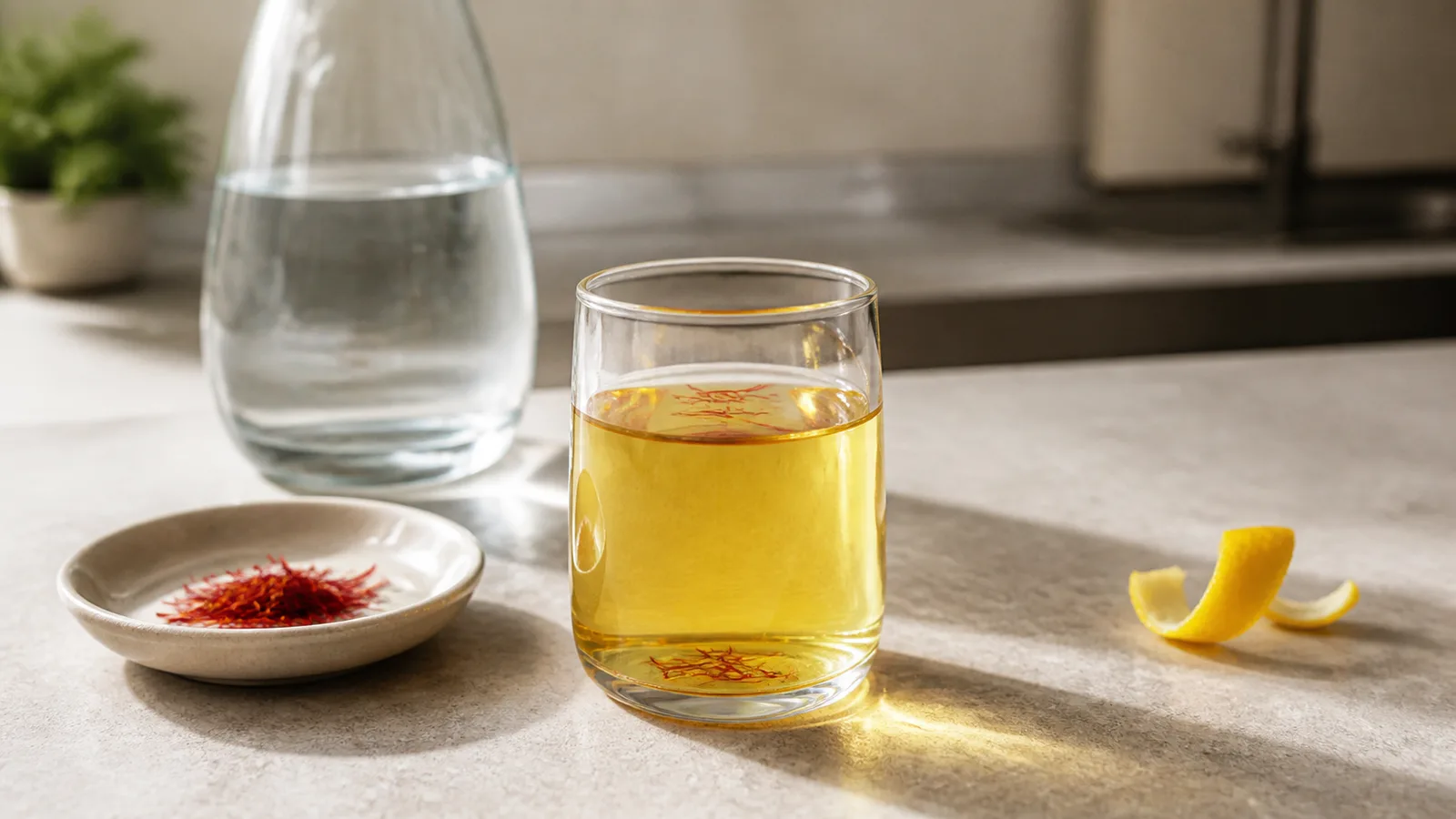 A clear glass of golden saffron water with a few red threads