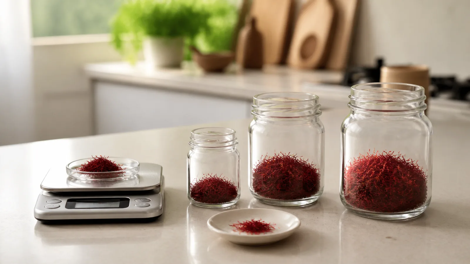 Measured saffron threads beside glass jars for home cooking