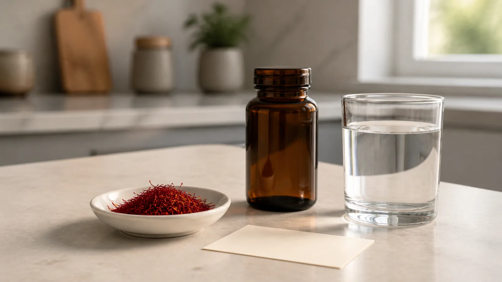 Saffron threads beside a closed supplement bottle and water
