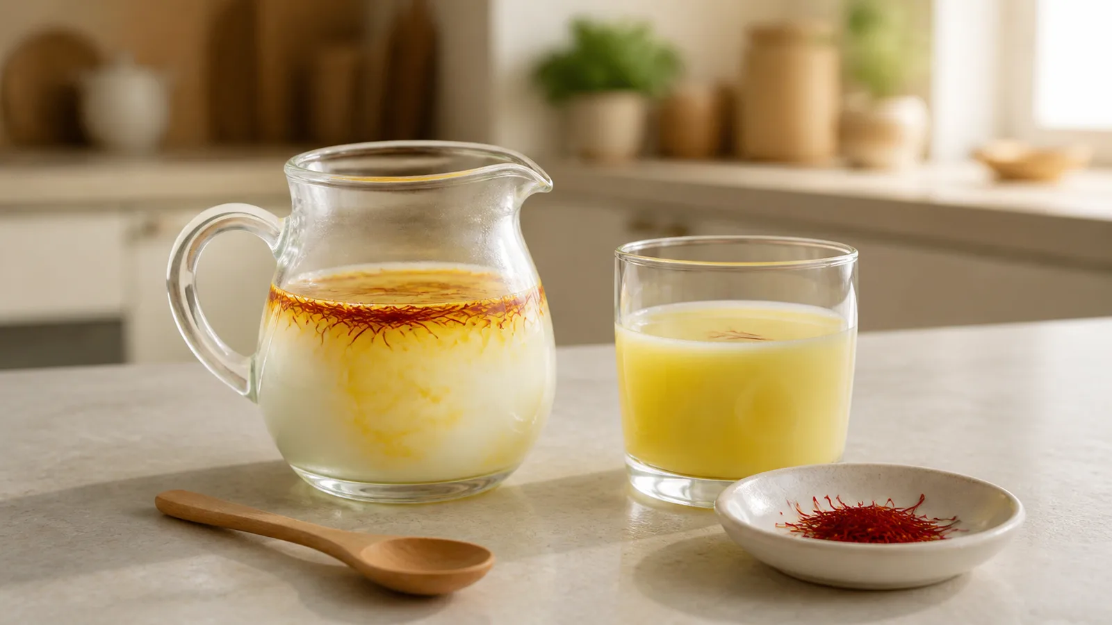 Saffron threads blooming in a glass jug of warm milk